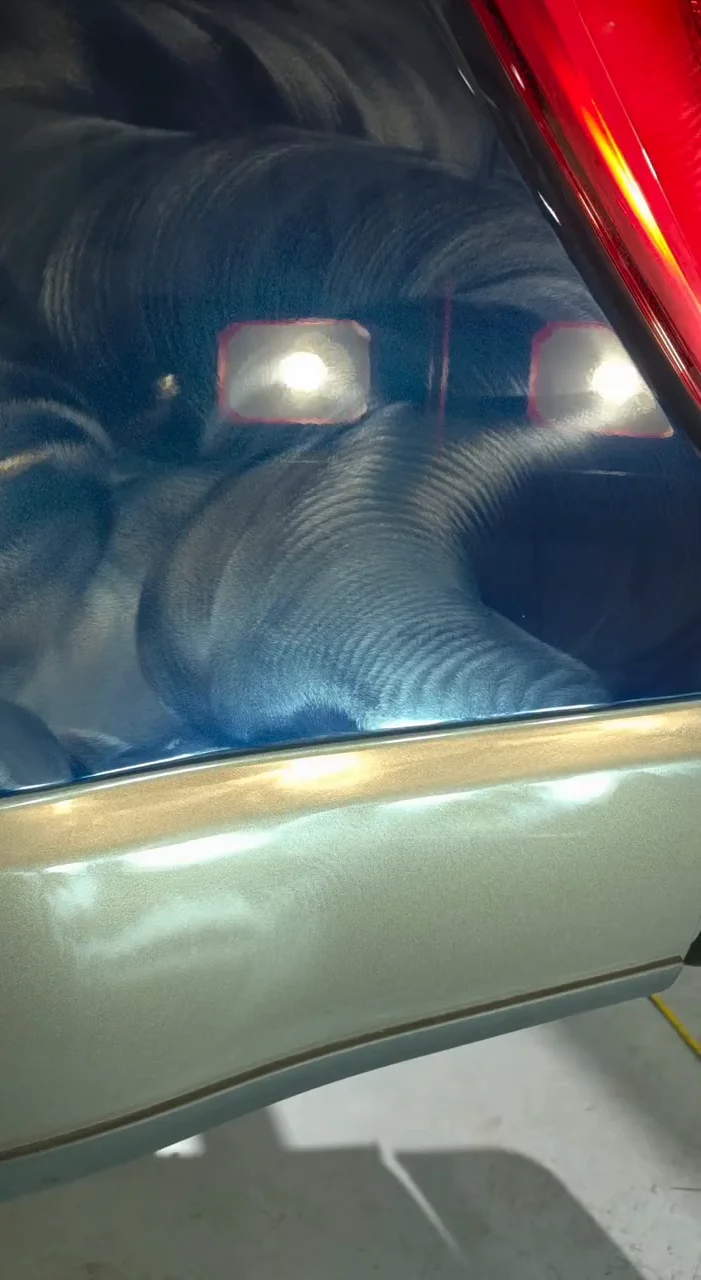 Before: Same truck, same panel, same shop lights: swirled paint before, corrected after